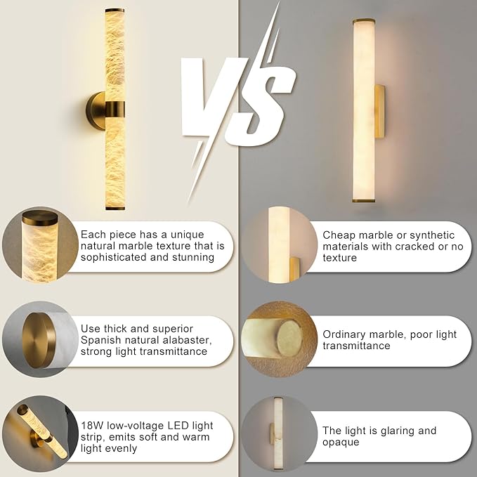 Alabaster Wall Sconces, 24" Brass Wall Sconce, Cylinder Natural Spanish Marble Sconces Wall Lighting, Modern Gold Dimmable Wall Lights for Living Room Bedroom Bathroom Stairs Hallway Entryway