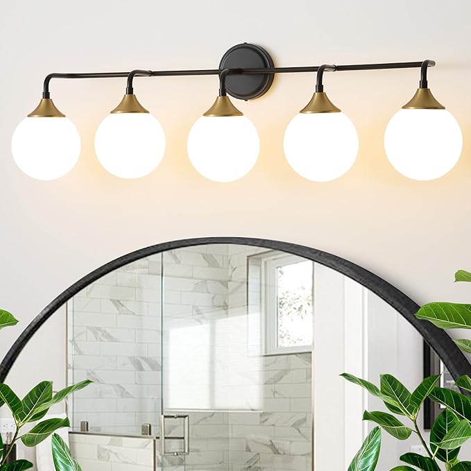 Black Gold Bathroom Light Fixtures, Modern Vanity Lighting Over Mirror, Mid Century Brushed Brass Wall Sconce 5-Light with Milky White Glass Ball Shades
