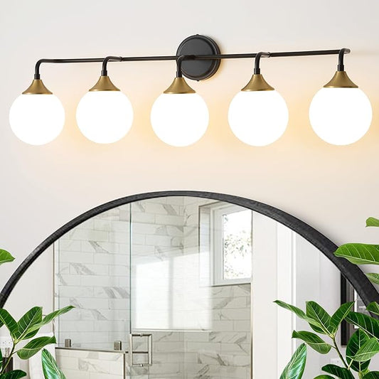 Black Gold Bathroom Light Fixtures, Modern Vanity Lighting Over Mirror, Mid Century Brushed Brass Wall Sconce 5-Light with Milky White Glass Ball Shades