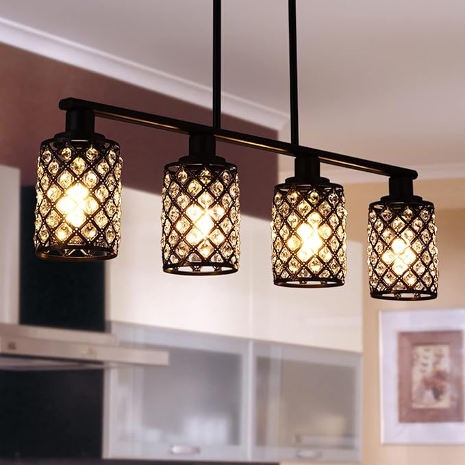 Dining Room Light Fixture Over Table,4-Light Island Lights for Kitchen,Black Pendant Lights Kitchen lsland Lighting,The Linear Chandelier with K9 Crystal and Black Grids Shade