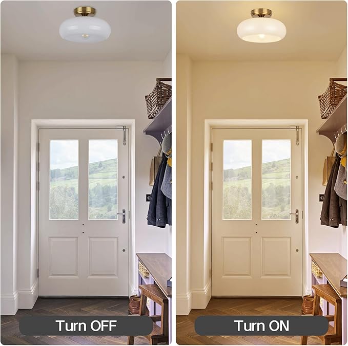 Semi Flush Mount Ceiling Light Fixture, 11'' Vintage Mid-Century Gold with White Milk Glass Shade, Modern Farmhouse Lighting for Kitchen, Hallway, Bedroom, Foyer, Laundry Room, Schoolhouse