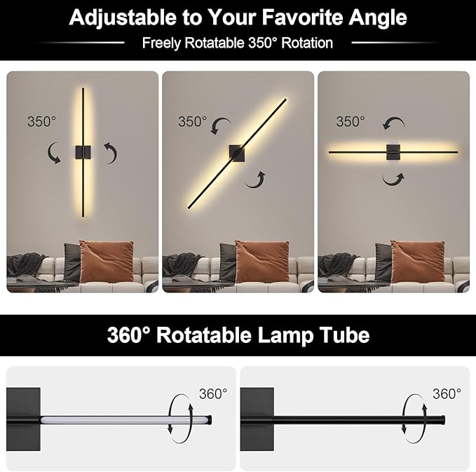 Battery Operated Wall Sconce, 5CCT Dimmable Black Wall Lights with Remote Control, Timable LED Wireless Wall Sconces, 350° Ratate for Bathroom, Living Room, Hallway 39.4 Inch 1 Pack