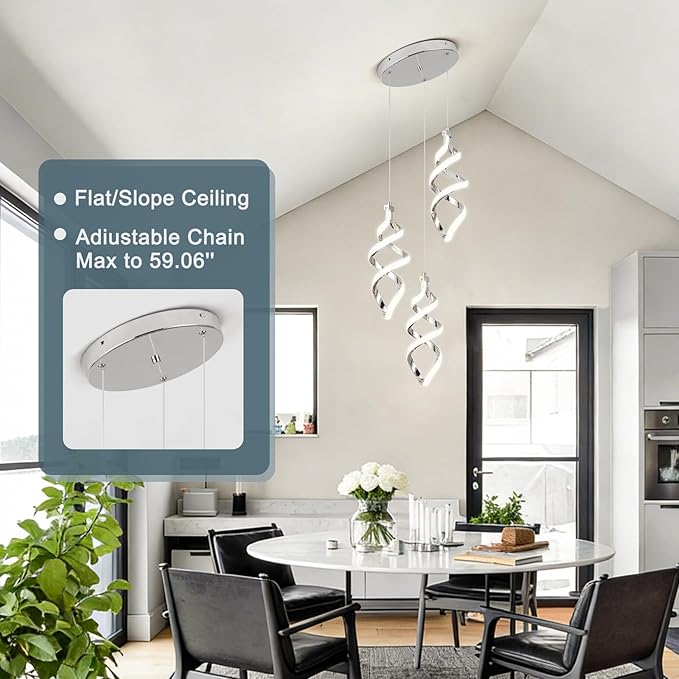 Modern Led Pendant Light Fixture, 45W Chrome Spiral Led Chandelier Hanging Lamp, 4500K Daylight White Pendant Lamp, Adjustable Height Pendant Light for Dining Room Bedroom Kitchen Island (3 Light)