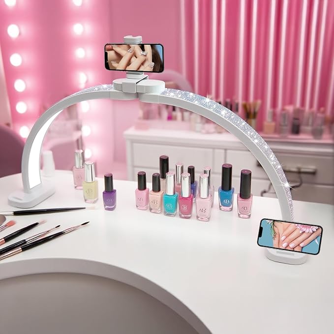 BZJ 30-Inch Half Moon Nail Light for Desk Foldable Nail Art Table Lamp with Stepless Dimming Brightness and Color Temperature for Beauty Eyelash Extensions Tattoo Crafts Spa Salon Nail Tech