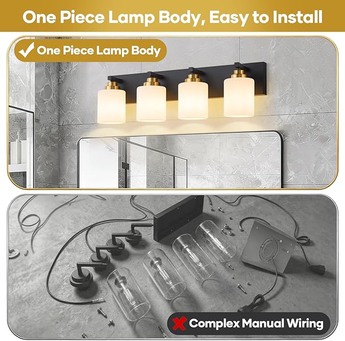 Bathroom Vanity Light Fixture, 4-Light Black and Gold Bathroom Light Fixtures Over Mirror with Milky White Glass Shades, Modern Vanity Lights for Bathroom Living Room Hallway (Bulbs Not Included)