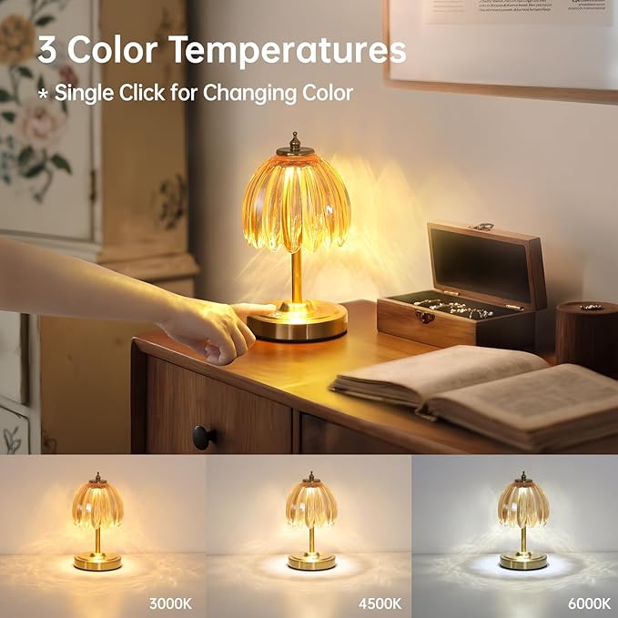 Shenmoyl Set of 2 Tulip Table Lamp with 5200mAh Battery & Touch Control, Cordless Small Table Lamp with 3 Colors, Rechargeable Battery Operated Table Lamps for Nightstand, Bedroom (Amber Tulip)