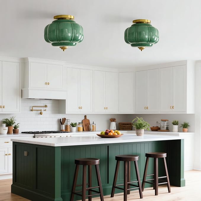 Vintage Ceiling Light Fixture 15 inch Semi Flush Mount Ceiling Light Antique Green Mid Century Milk Glass Ceiling Light for Kitchen Dining Room Hallway and Bedroom E26