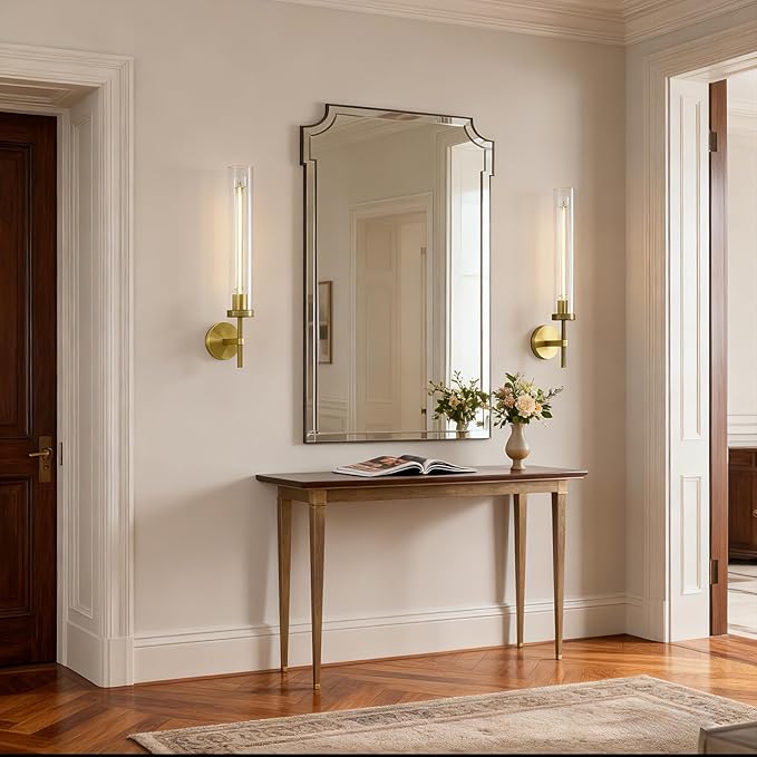 Brass Sconces Wall Lighting, 19" Tube Glass Gold Sconces, Bathroom Wall Sconces Lighting Vanity Lights Wall Lights for Living Room, Hallway, Fireplace, Staircase
