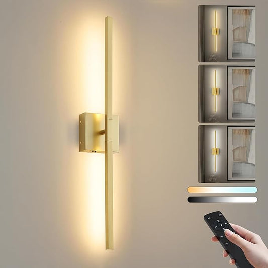 KARTOOSH 28.3 Inch Battery Operated Wireless Wall Sconce, 360° Rotatable Detachable Modern Wall Lamp with Remote Control Stepless Dimmable 3000K-6000K LED Light for Bedroom, Living Room Gallery Gold