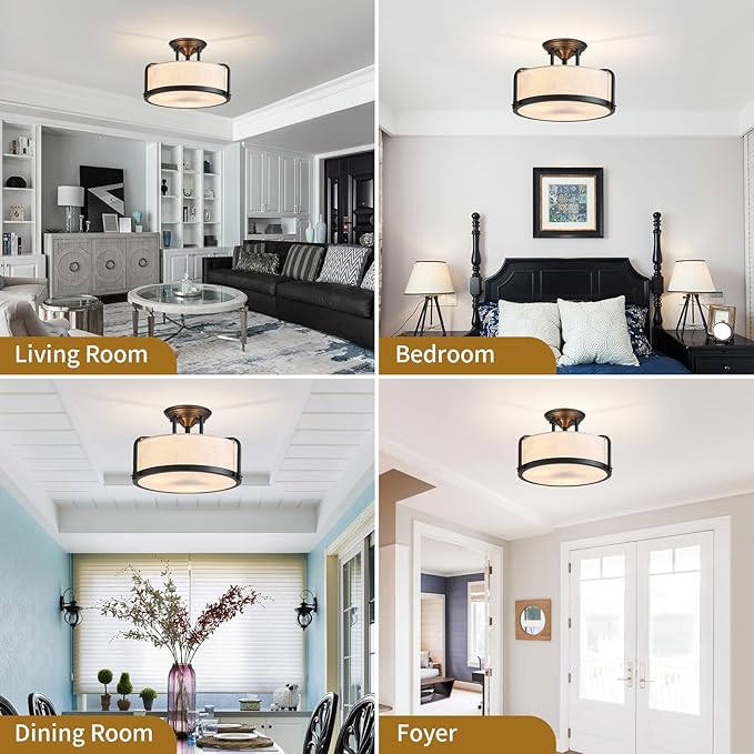 Modern Drum Ceiling Light, Semi-Flushmount Close to Ceiling Light Fixture for Living Room, Bedroom, Dining Room,Kitchen, D13 x 8 in, Linen Fabric Shade & Black Finish Metal Frame