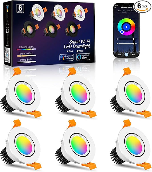 Smart WiFi 2 Inch LED Downlight, 5W RGBCW Recessed Light 2700K-6000K, Dimmable COB Color Changing, Compatible with Alexa/Google, LED Driver Included, 6 Pack