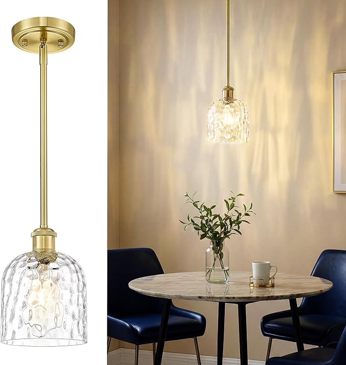 zeyu Glass Pendant Light Kitchen Island, Single Pendant Light, Gold Vintage Hanging Lamp with Clear Hammered Glass, Brushed Gold Finish, ZJF63MIL-L BG