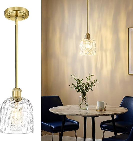 zeyu Glass Pendant Light Kitchen Island, Single Pendant Light, Gold Vintage Hanging Lamp with Clear Hammered Glass, Brushed Gold Finish, ZJF63MIL-L BG
