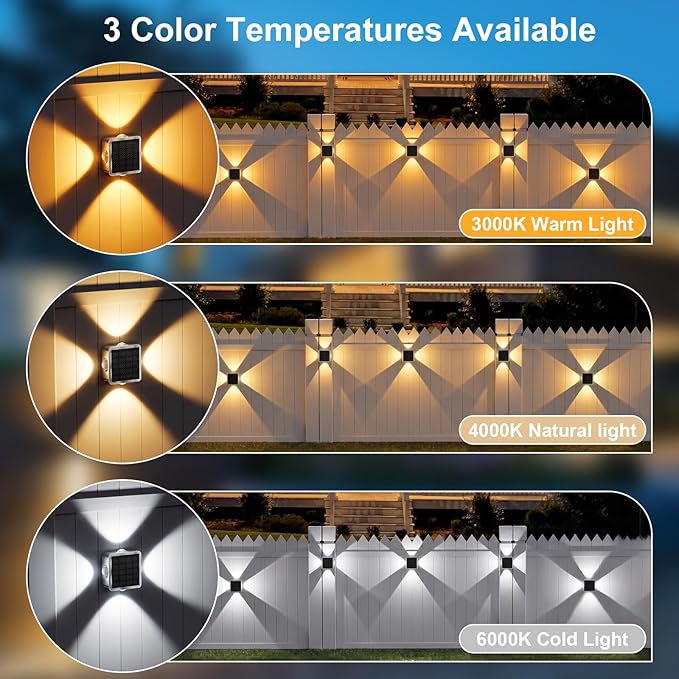 AUDLES Solar Fence Lights Outdoor, New 4-Sided Lighting Wall Lights Solar Powered with 3 Modes 3000K 4000K 6000K, IP65 Waterproof Solar Light for Patio Pathway Deck Backyard Decor-12 Pack