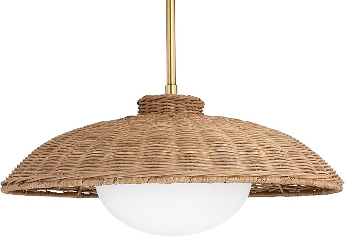 Nathan James Belleville Boho Rattan Pendant Light with Diffuser, Sloped Ceiling Pendant Light with Rattan Shade and Glass Diffuser, Set of 2