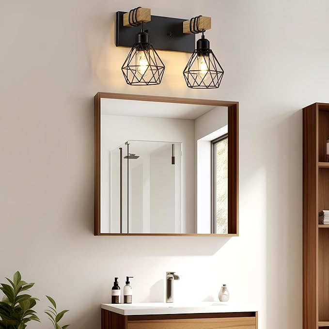 Farmhouse Vanity Light for Bathroom, 2-Light Wood Bathroom Vanity Light Fixtures Over Mirror, Rustic Sconces Wall Lighting with Metal Lampshade for Living Room, Bedroom, Hallway