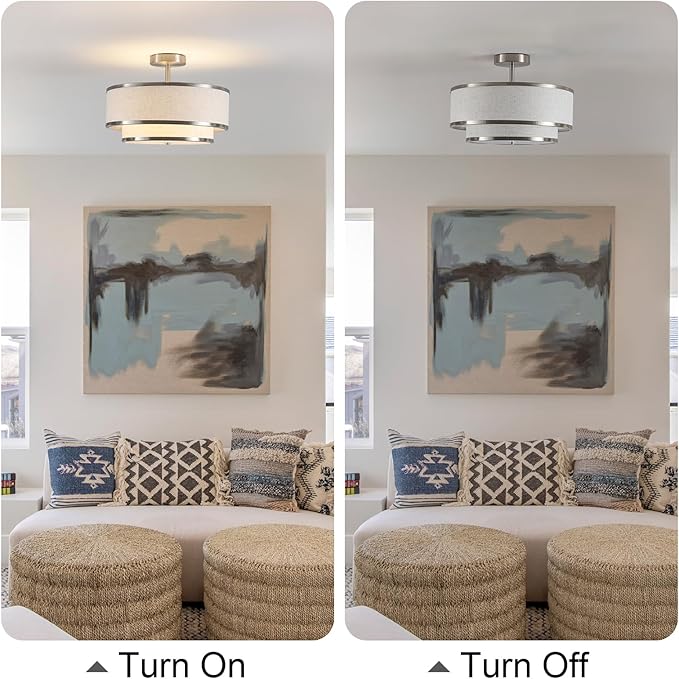 Farmhouse Close to Ceiling Light, 3-Light Flush Mount Ceiling Light Fixture with 2-Layer Fabric Shade, Modern Drum Ceiling Lamp for Hallway Bedroom Living Room (Brushed Nickel)