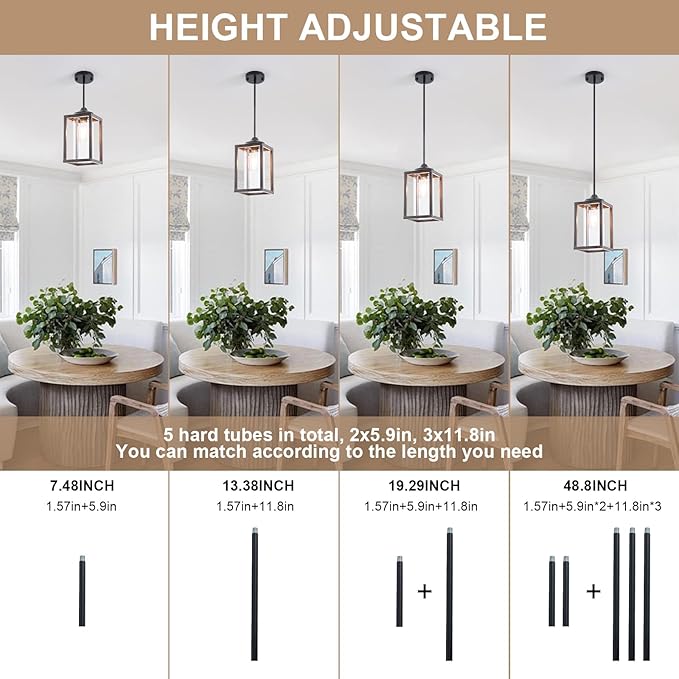 Farmhouse Pendant Light in Wood and Metal Cage, Rustic Pendant Light with Glass, Adjustable Hanging Light Fixtures, Mini Pendant Lighting for Kitchen Island, Hallway, Foyer (Square Brown-1 Pack)