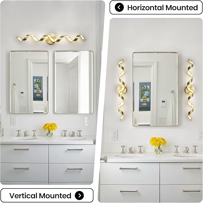 LED Modern Bathroom Vanity Light Fixtures, 31 inch Gold Wall Lamp Bedroom 4000K, Spiral Design Wall Sconce for Mirror, Living Room, Bedroom, Hallway 20W
