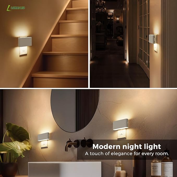 L LOHAS LED Night Light, [4 Pack] Dimmable Modern LED Night Lights Plug into Wall,Dusk to Dawn Sensor Night Lights for Kid, 0-100LM 3000K Soft White Nightlight for Hallway Bedroom Stairway