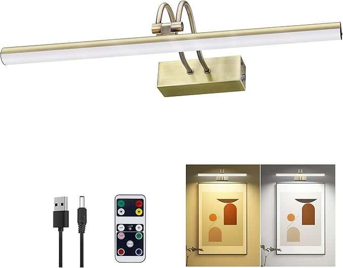 Picture Light, Picture Lights for Wall Cordless, 16inch Picture Lights with Timer and Dimmable, 5000mAh Battery Wall Lights for Display Gallery Painting Art Frame Portrait - Antique Brass 2 Colors