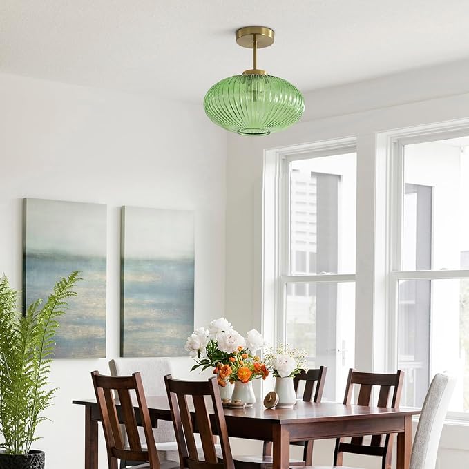KCO Lighting Vintage Green Ribbed Glass Flush Mount Light Brushed Gold Semi Flush Mount Ceiling Globe Hallway Ceiling Light Fixture
