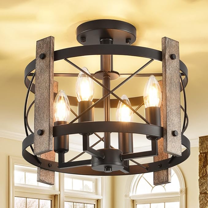 Black Semi Flush Mount Ceiling Light, 4-Light Ceiling Light Fixture, Farmhouse Chandelier Ceiling Light, Rustic Industrial Dining Room Light Fixture for Kitchen Bedroom Hallway Living Room E12