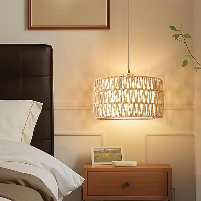 Plug in Pendant Light Rattan Hanging Lights with Plug in Cord, Woven & Fabric 2 in 1 LampShade, Hanging Lamp Plug in for Bedroom Living Room Kitchen Island (Bulb Included)