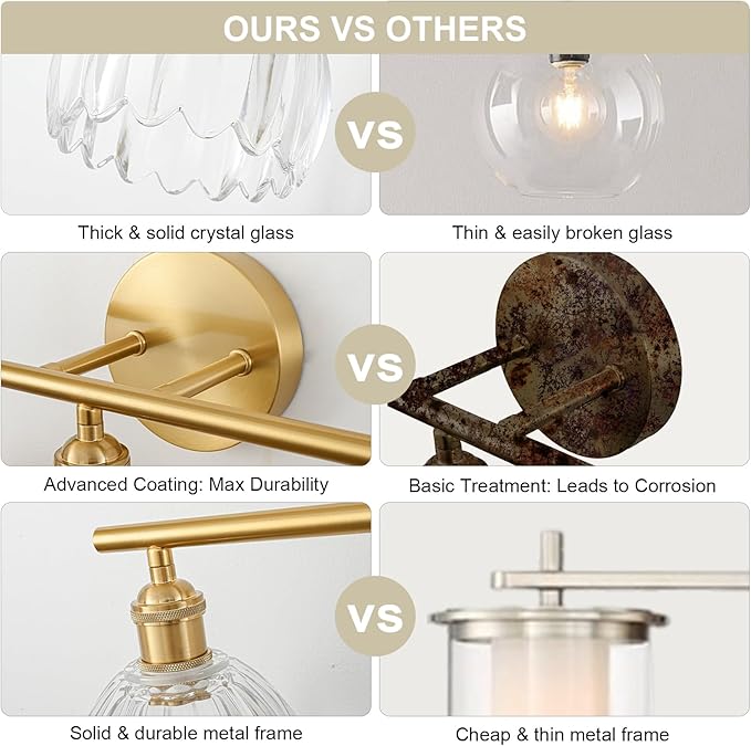 Gold Bathroom Light Fixtures Over Mirror, 2 Light Bathroom Vanity Light Fixture with Tulip Transparent Glass Lampshade, Vintage Vanity Lights for Bathroom, Bathroom Vanity Lights Over Mirror