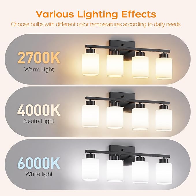 PARTPHONER 4-Light Matte Black Bathroom Light Fixtures, Modern Vanity Light Over Mirror Lighting, Wall Sconce with Frosted Milky White Glass Shades for Bedroom Living Room Kitchen Hallway