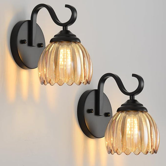 lobolighting Vintage Wall Sconce with Amber Tulip Glass Lampshade Set of Two Black Sconce Bathroom Vanity Light Fixtures Hardwired Modern Wall Lighting Fixture for Bedroom Bedside Door Header