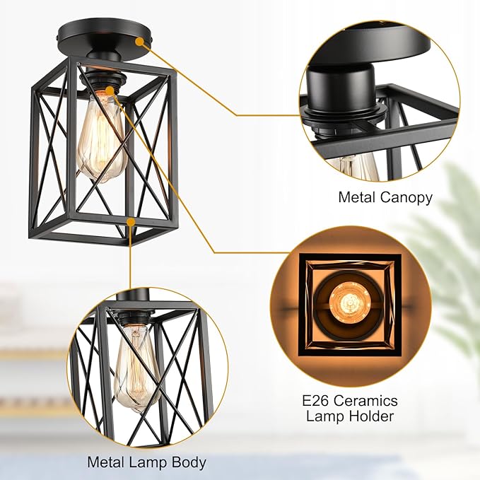 Ceiling Light Fixtures Flush Mount Black Hallway Light Fixtures Ceiling Rustic Farmhouse Island Light Fixtures,Farmhouse Black Metal Frame Light Fixture