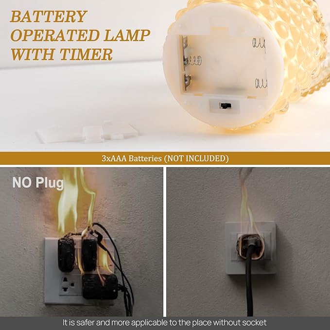 Small Battery Operated Lamp with Timer, Tiny Cordless Glass Table Lamp for Home Decor, Kitchen, Bathroom, Birthday Gift for Women, Pearl, Yellow