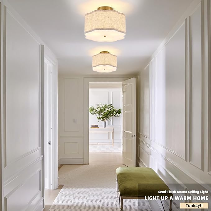 12.89" Semi Flush Mount Ceiling Light Modern 3-Lights Gold Drum Ceiling Light Fixture with Fabric Linen Shade, Vintage Modern Ceiling Lighting for Laundry Room, Kitchen, Basement, Bedroom