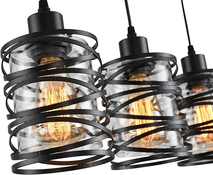 3 Light Pendant Lights Kitchen Island Black Pendant Light Fixtures Spiral Iron Kitchen Island Lighting with Clear Glass Shade Adjustable Hanging Light Fixtures