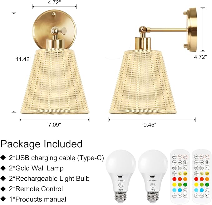 Frideko Swing Arm Rechargeable Battery Operated Wall Sconces Set of Two with Remote, RGB 15 Colors Dimmable Wall Light with Plastic Lampshade, 4 Timer Indoor Boho Wireless Sconce Lighting for Bedroom