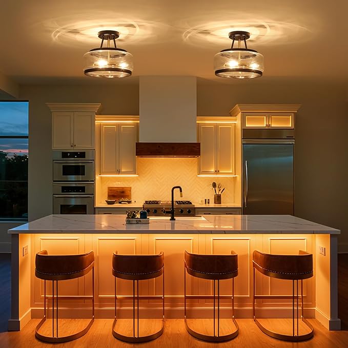 11.8" Black and Gold Semi Flush Mount Ceiling Light, Small Ceiling Lights with Clear Glass, Modern Drum Light Fixture for Hallyway Dining Room Foyer Entryway Bedroom Kitchen Bathroom, 3-Light