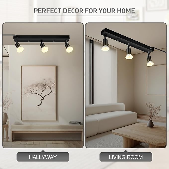 Plug in Track Lighting, 16" LED Track Light Fixtures Ceiling, Black 3 Way GU10 Wall Spotlight, Rotatable Track Head, Plug in Ceiling Light Kitchen Hallway Living Room,15 Foot Power Cord(NO Bulb)