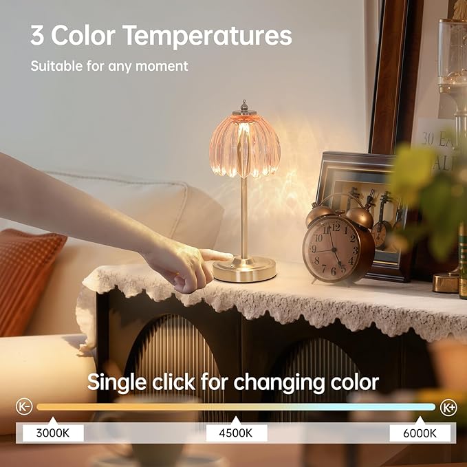 Shenmoyl Tulip Table Lamp with 5200mAh Battery & Touch Control, Cordless Small Table Lamp with 3 Colors, Dimmable Rechargeable Table Lamps for Living Room, Bedroom, Desk, Bedside (Clear Pink Tulip)