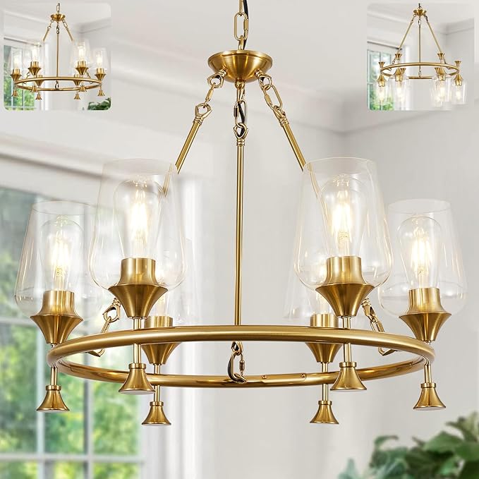 25" Gold Chandelier, 6-Light Farmhouse Chandeliers for Dining Room Light Fixtures Over Table, Modern Industrial Hanging Lighting with Clear Glass Shade for Living Room Bedroom Foyer Kitchen Island