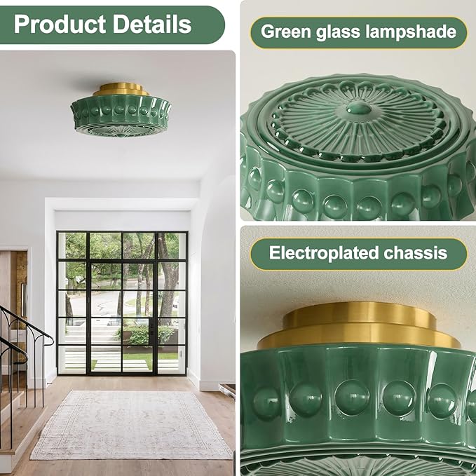 Semi Flush Mount Ceiling Light 14 inch Milk Glass Ceiling Light Mid Century Vintage Green School House Ceiling lamp for Kitchen Hallway Restaurant Living Room and Bedroom