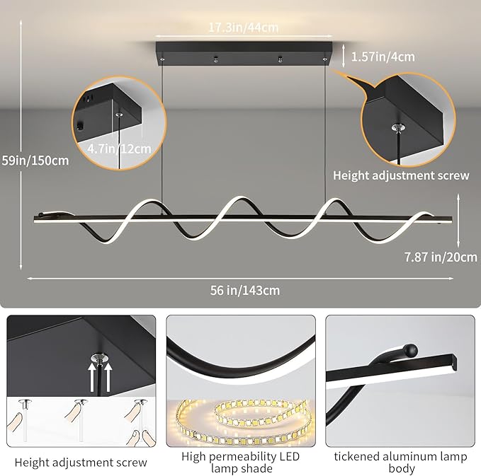 Pendant Lights, 3300k-6500K Adjustable Color Temperature Hanging Pendant Lighting, 56.29" Chandelier Dimmable with Remote Control, Aluminum Island Lighting Lamp Fixture for Dining Room,Office Bar