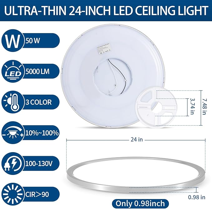 24'' Modern LED Ceiling Light Fixture - Ultra Thin Flush Mount, 50W 5000LM, Brushed Nickel - Perfect for Bedroom, Kitchen, Dining Room, Living Room, Home Office, Hallway.