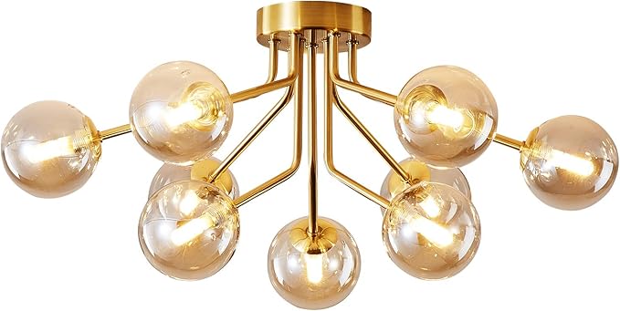 Mid Century Gold Modern Sputnik Chandeliers 9 Light Semi Flush Mount Ceiling Light Fixture Pendant Lamps Bulbs with Glass Globe Lighting for Bedroom Kitchen Dining Room Office