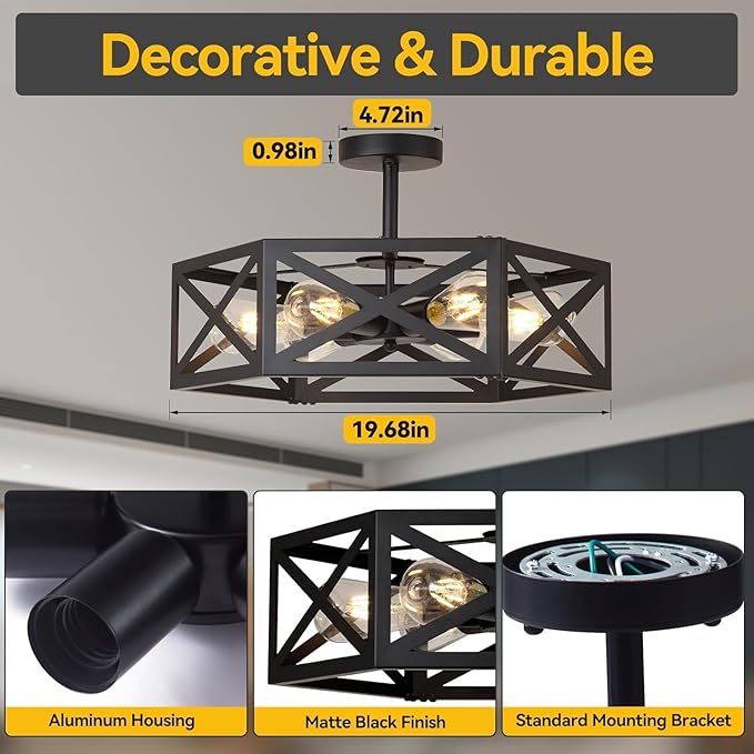 Semi Flush Mount Ceiling Light Fixtures, 6-Light Modern Metal Farmhouse Semi Flush Mount Chandelier, Industrial Ceiling Mount Light Fixtures for Kitchen Island, Dining Room, Entryway, Hallway