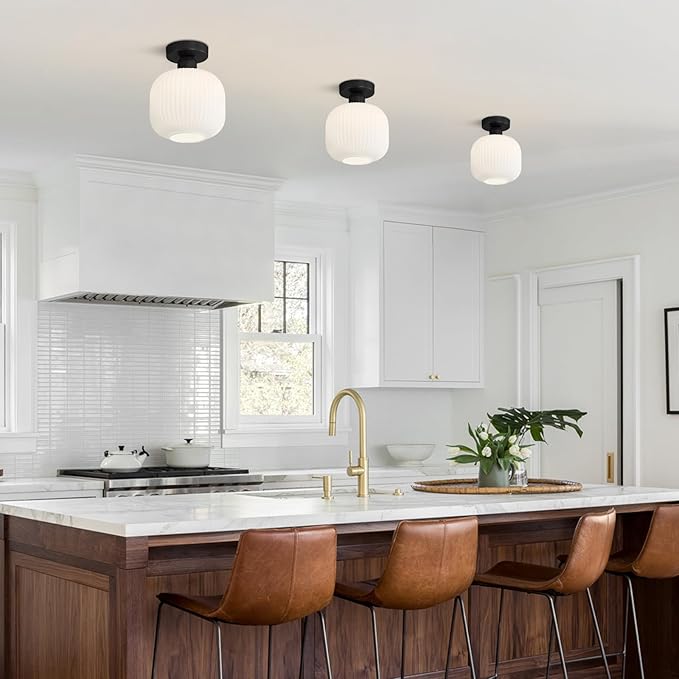 KCO Lighting Modern Farmhouse Black Semi Flush Mount Ceiling Light White Ribbed Glass Flush Mount Ceiling Light Small Hallway Light Fixtures Mid Century Bathroom Ceiling Lighting