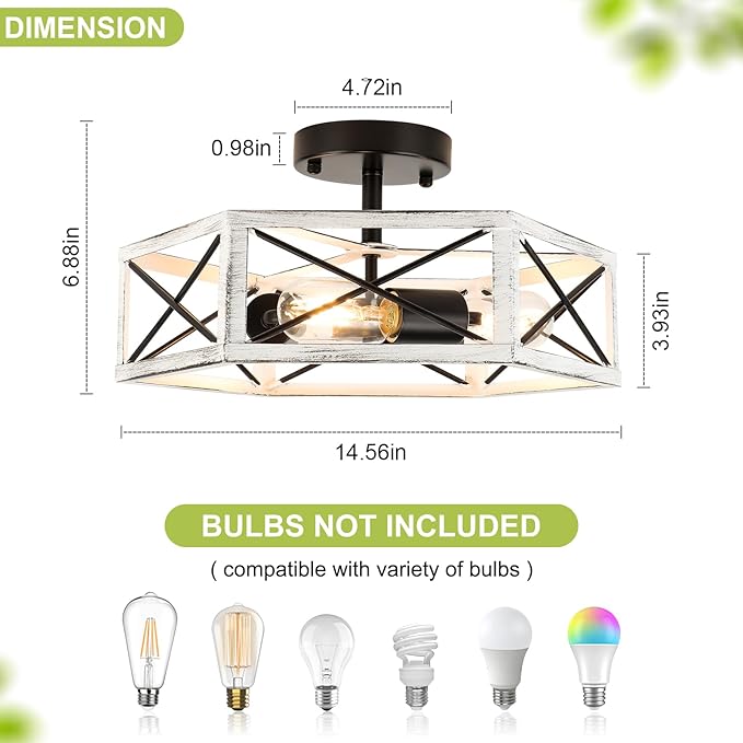 Wilon Modern Flush Mount 3-Light Industrial Kitchen Ceiling Lights - Farmhouse Style, Oak White, Rustic Finish for Bedroom Hallway Foyer