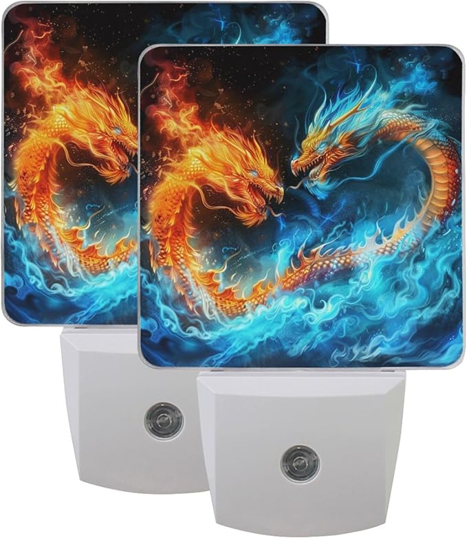 Wamika Monster Dragon LED Sensor Night Light Set of 2 Fire Ice Dinosaur Table Desk Lamps with Adjustable Brightness Eye-Caring for Home Bedroom Office Parlour