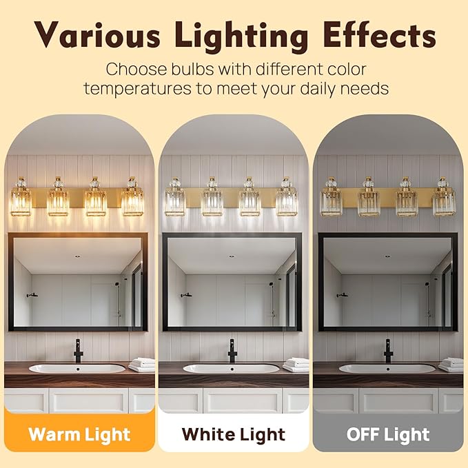 Modern Bathroom Vanity Light, 4-Light Gold Bathroom Lighting Fixtures Over Mirror, 28.4" Crystal Wall Light Sconce for Bathroom/Bedroom/Vanity, Includes LED Bulbs, Easy Installation
