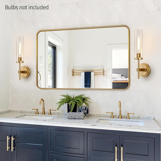 MOKATNG Wall Sconces Set of Two, Brushed Gold Bathroom Sconces with Clear Glass, Hardwired Sconces Wall Decor Set of 2, Modern Wall Light Fixtures for Bathroom Mirror Living Room Bedroom Hallway